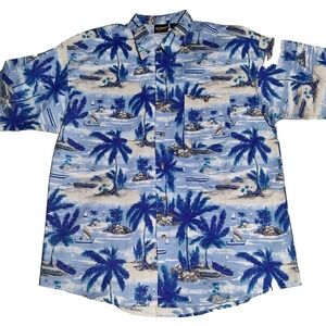 HUTSPAH Men Large Blue Cotton Tropical Camp Hawaiian Shirt Made In USA EUC